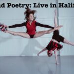 Two white female dancers, one leaping up high doing the splits, one doing a cartwheel, both dressed in cheerleader imagery.