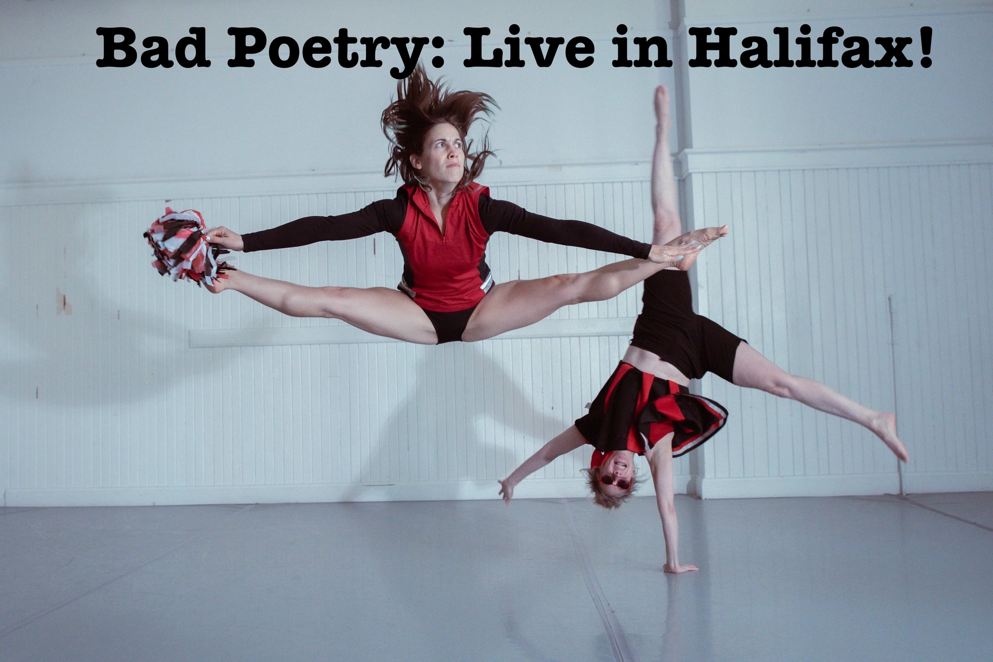 Two white female dancers, one leaping up high doing the splits, one doing a cartwheel, both dressed in cheerleader imagery.
