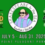 Shakespeare By the Sea’s Logo in the centre- a moonmist coloured Shakespeare in sunglasses in a circle with Robin Hood and As Your Like It written on each side