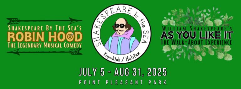 Shakespeare By the Sea’s Logo in the centre- a moonmist coloured Shakespeare in sunglasses in a circle with Robin Hood and As Your Like It written on each side