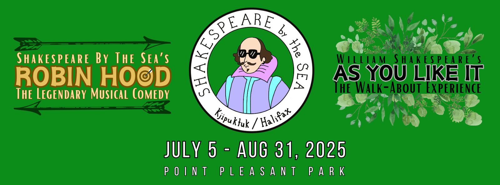 Shakespeare By the Sea’s Logo in the centre- a moonmist coloured Shakespeare in sunglasses in a circle with Robin Hood and As Your Like It written on each side